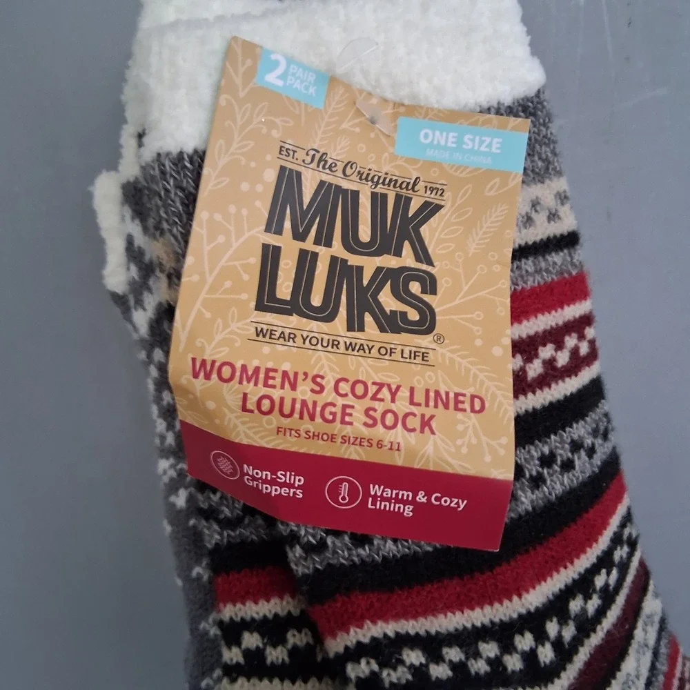 MUK LUKS Womens Cozy Lined Lounge Socks 2 Pair Pack Red Grey Fair Isle OSFM